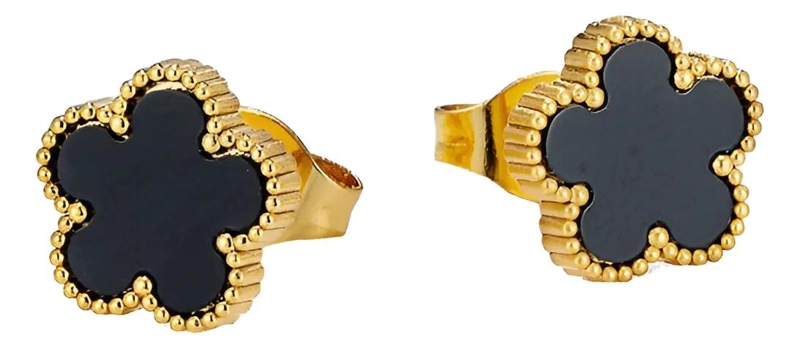 PENDIENTES DE TRE BOL CON FLOR NEGRA Y DETALLES DORADOS EN ACERO INOXIDABLE - 1