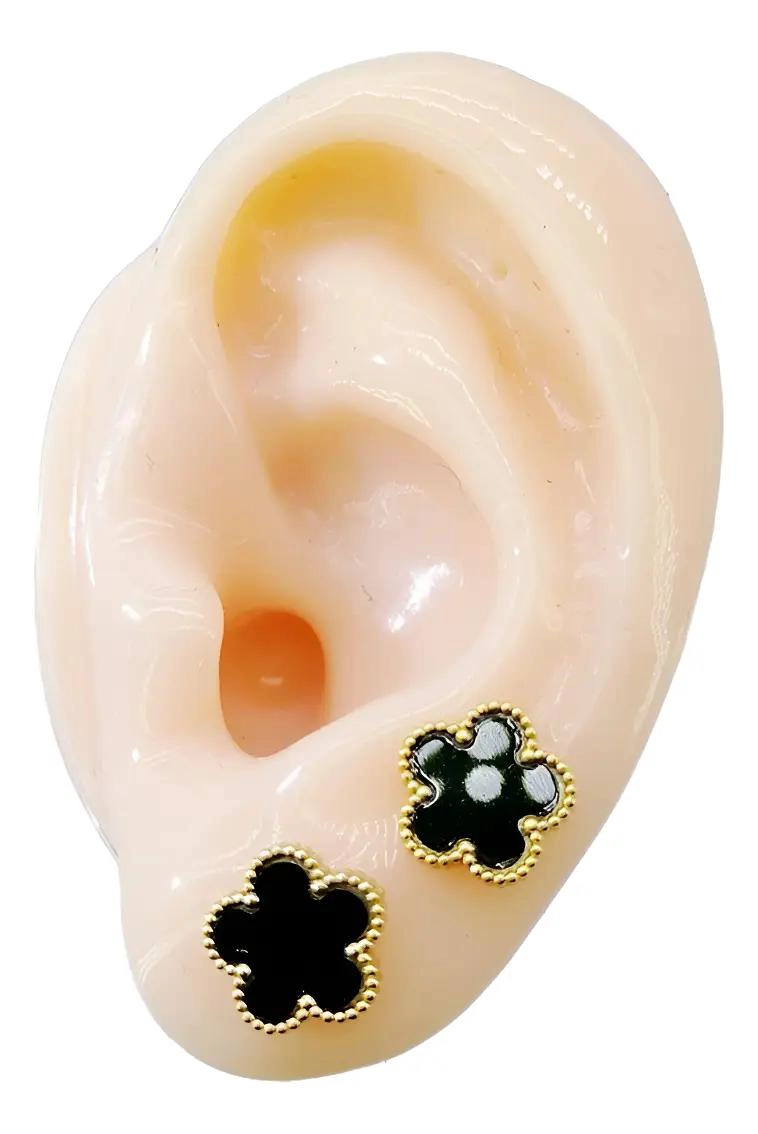 PENDIENTES DE TRE BOL CON FLOR NEGRA Y DETALLES DORADOS EN ACERO INOXIDABLE - 2