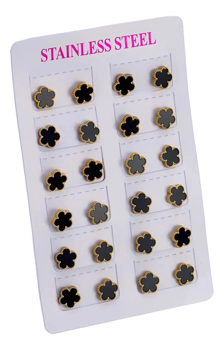 PENDIENTES DE TRE BOL CON FLOR NEGRA Y DETALLES DORADOS EN ACERO INOXIDABLE - 5