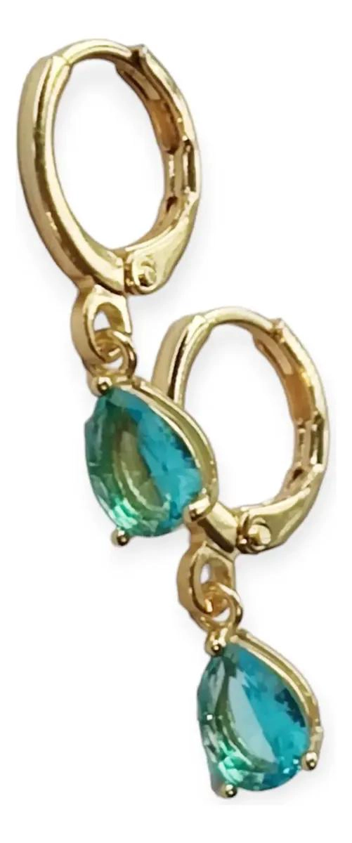 AROS ARGOLLAS CON DISEÑO DE GOTA Y CIRCON CELESTE ENCHAPADO EN ORO 18K - 2