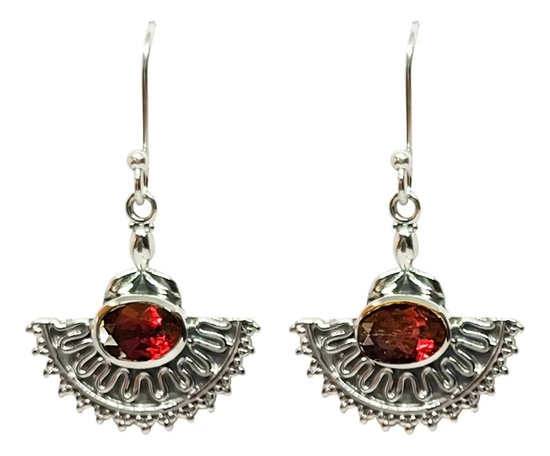 AROS DE PLATA FINA 925 CON PIEDRA GRANATE ELEGANTE Y DELICADA - 2