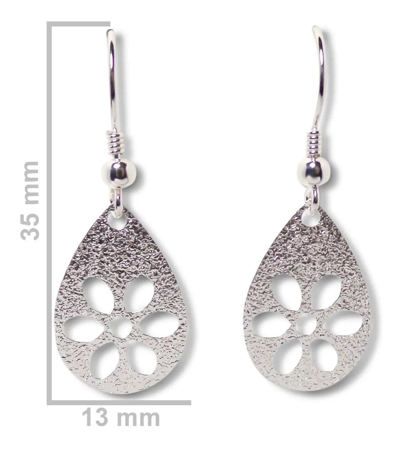 AROS COLGANTES CON DISEÑO DE GOTA Y FLOR CALADA EN PLATA FINA 925 - 2