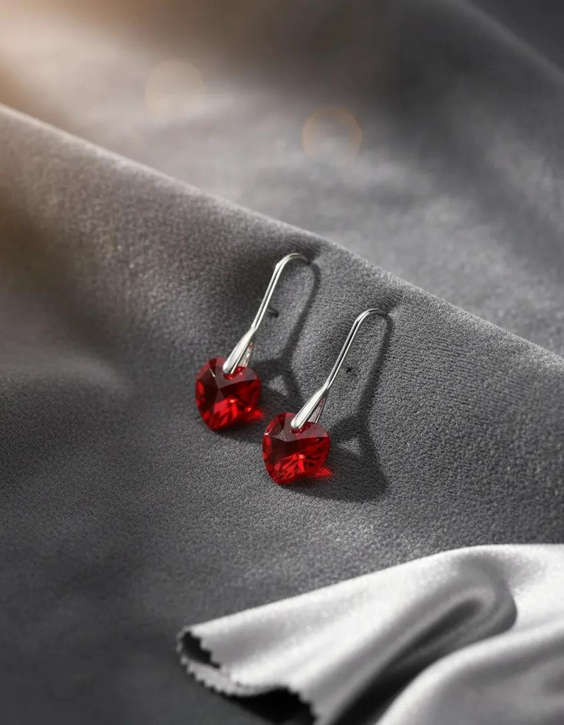 AROS DE PLATA 925 CON CRISTAL EN FORMA DE CORAZON ROJO - 1