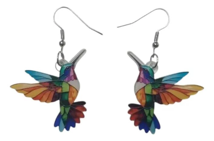 AROS DE ACRILICO CON DISEÑO DE COLIBRI Y GANCHO FANTASIA 3 CM - 1