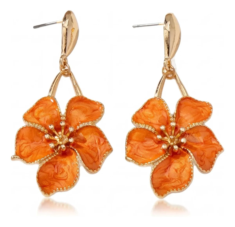 AROS CON DISEÑO DE FLOR ESMALTADA EN COLOR NARANJA PARA MUJER - 1