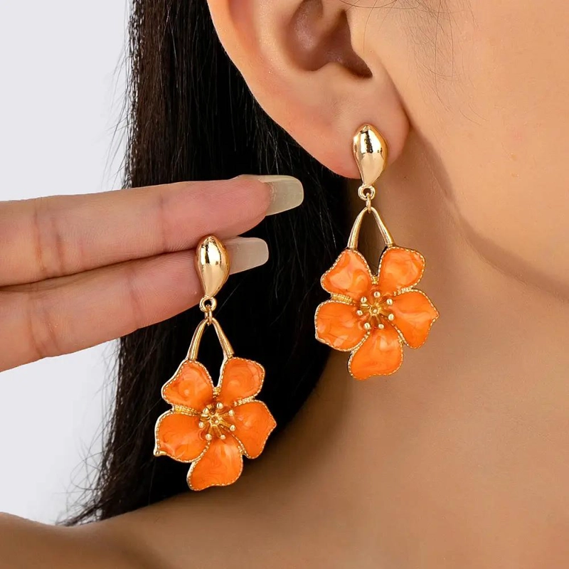 AROS CON DISEÑO DE FLOR ESMALTADA EN COLOR NARANJA PARA MUJER - 2