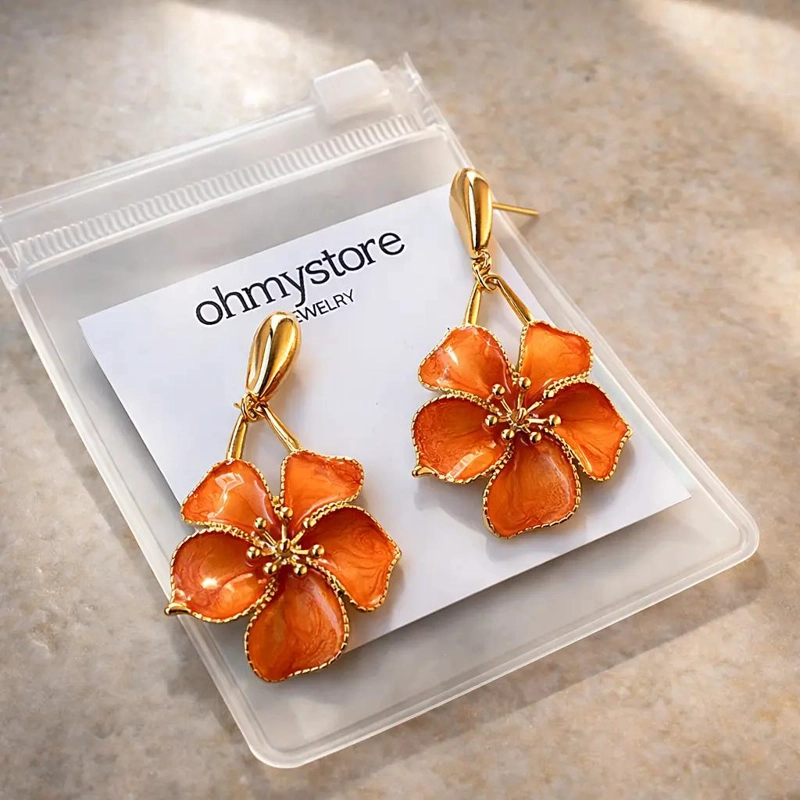 AROS CON DISEÑO DE FLOR ESMALTADA EN COLOR NARANJA PARA MUJER - 3
