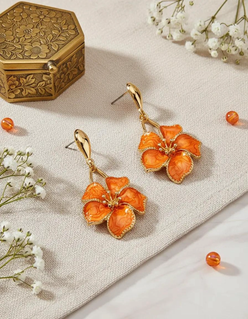 AROS CON DISEÑO DE FLOR ESMALTADA EN COLOR NARANJA PARA MUJER - 4