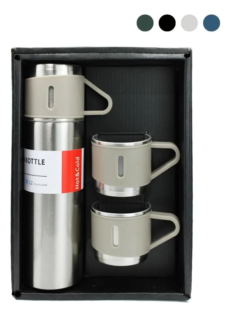 TERMO CON SET DE 3 TAZAS PARA BEBIDAS FRIAS Y CALIENTES COLOR GRIS - 1