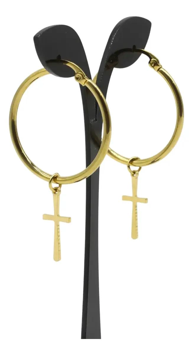 AROS ARGOLLAS CON DIJE CRUZ EN ACERO DORADO DE 30 MM - 2