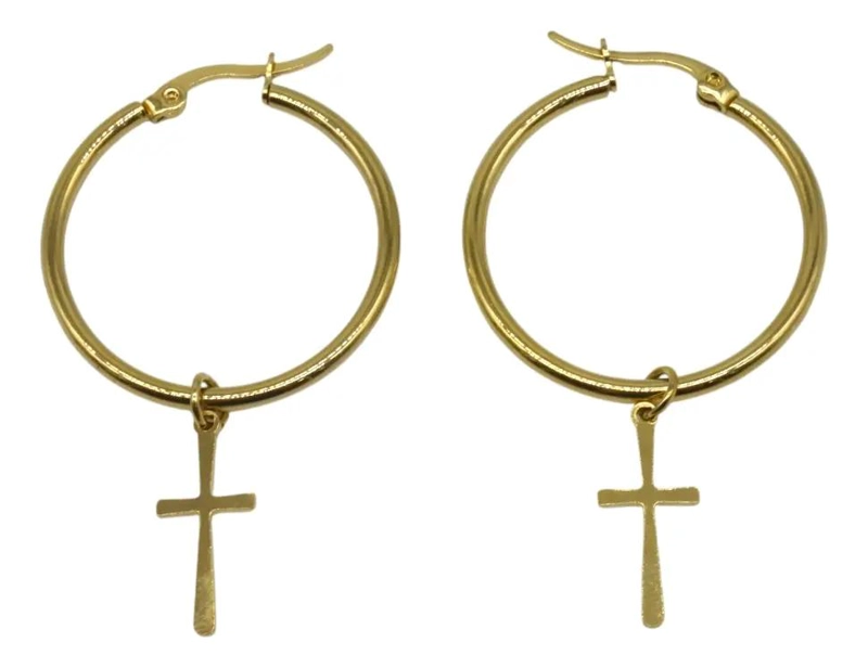 AROS ARGOLLAS CON DIJE CRUZ EN ACERO DORADO DE 30 MM - 3