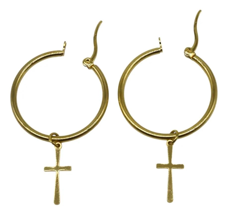 AROS ARGOLLAS CON DIJE CRUZ EN ACERO DORADO DE 30 MM - 4