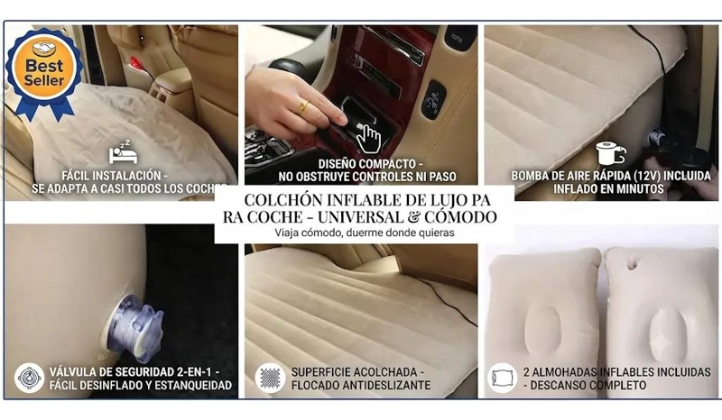 COLCHON INFLABLE PARA AUTO CON DOS ALMOHADAS Y INFLADOR INCLUIDO - 3