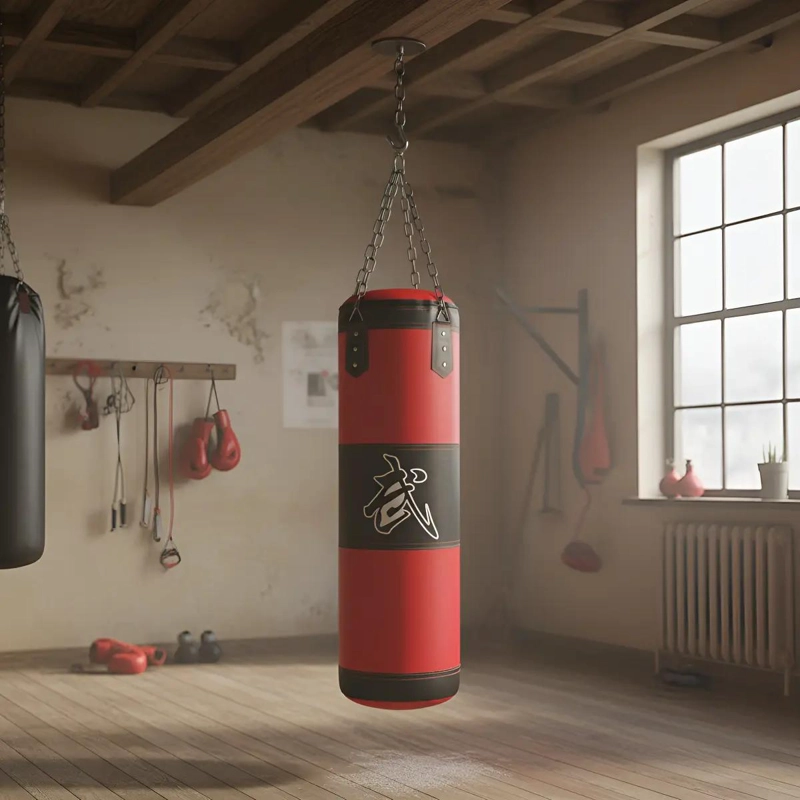 SACO DE BOXEO GRANDE PROFESIONAL CON CADENA DE ANCLAJE ROJO RESISTENTE - 1
