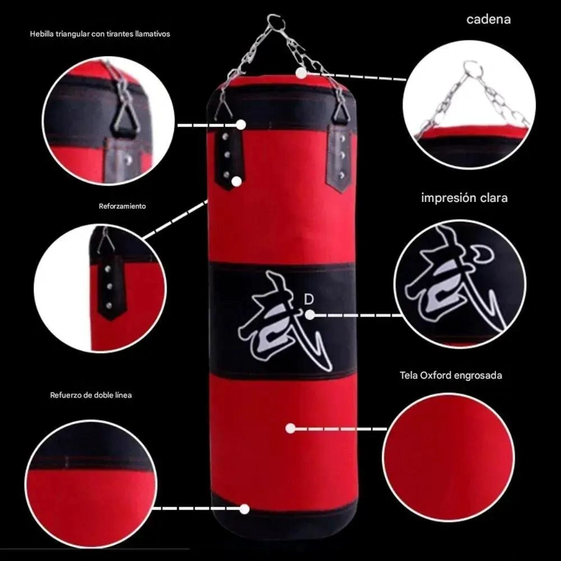 SACO DE BOXEO GRANDE PROFESIONAL CON CADENA DE ANCLAJE ROJO RESISTENTE - 3