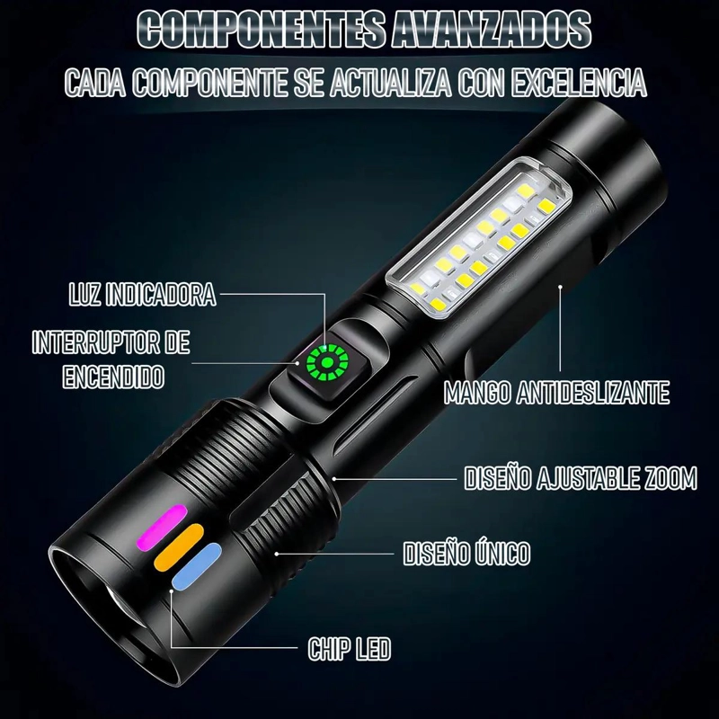 LINTERNA TACTICA RECARGABLE DE ALTA POTENCIA CON LUZ INTENSA - 3