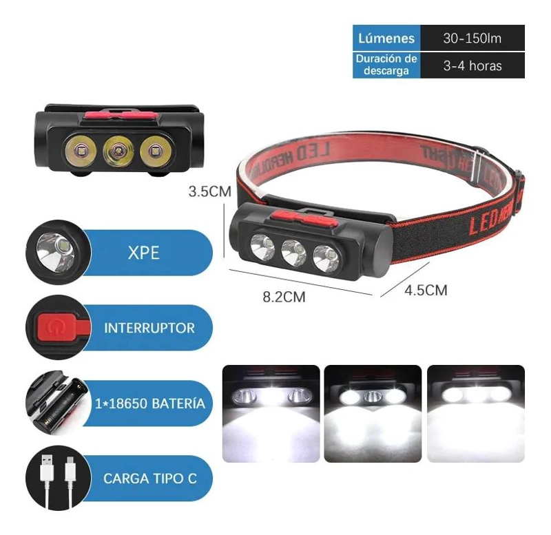 LINTERNA FRONTAL RECARGABLE CON LUZ LED DE 150 LUMENES COLOR BLANCO - 2