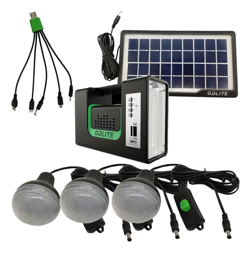 GENÉRICO KIT DE ENERGIA SOLAR CON AMPOLLETAS, LINTERNA, PUERTO USB Y RADIO