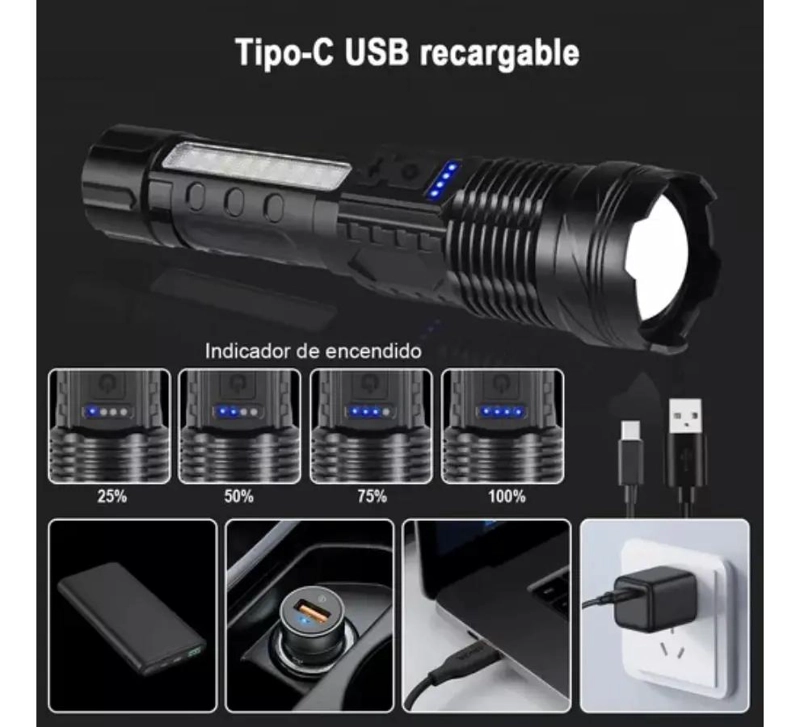 LINTERNA TACTICA RECARGABLE CON ZOOM Y RESISTENCIA AL AGUA IPX6 - 4