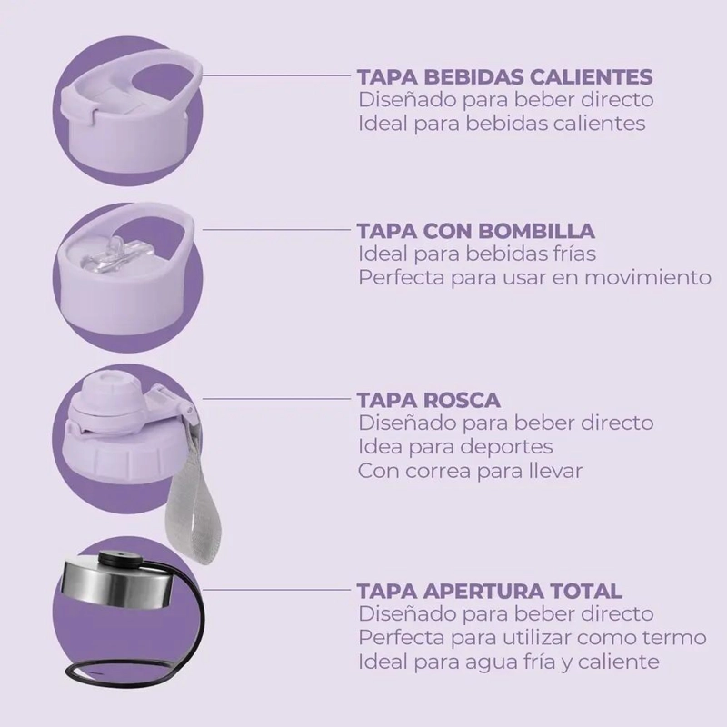 TERMO BOTELLA TE RMICA DE ACERO INOXIDABLE CON 4 TAPAS INTERCAMBIABLES - 1