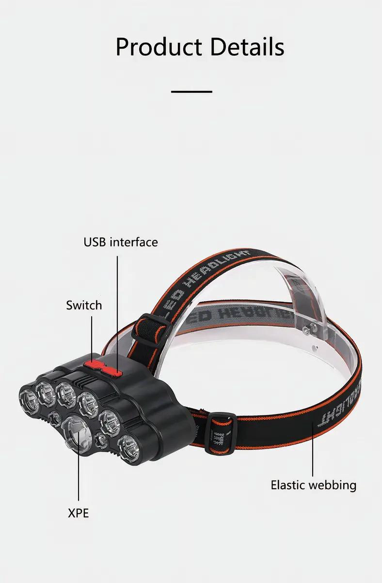 LINTERNA FRONTAL RECARGABLE CON 9 LEDS Y ALCANCE DE 100 METROS - 2