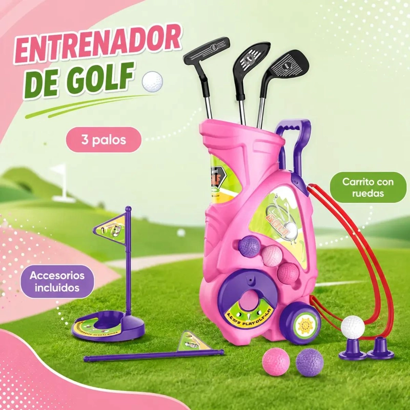 SET DE ENTRENAMIENTO DE GOLF INFANTIL PARA NIÑA CON 3 PALOS Y CARRITO - 2