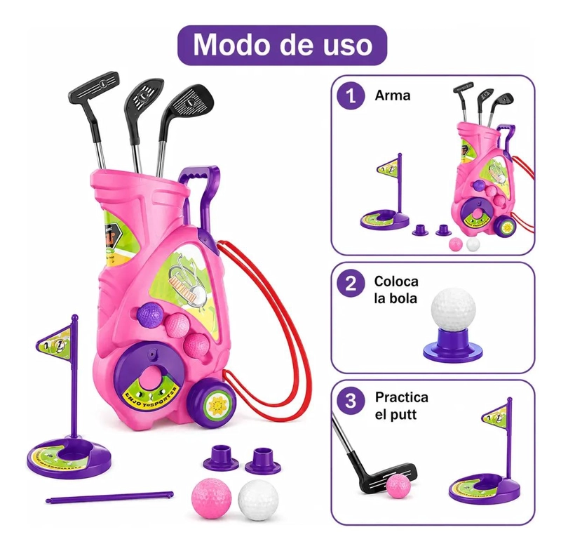 SET DE ENTRENAMIENTO DE GOLF INFANTIL PARA NIÑA CON 3 PALOS Y CARRITO - 3