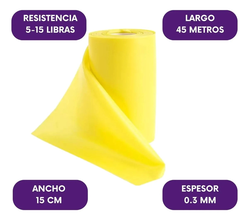 BANDA ELASTICA DE RESISTENCIA PARA EJERCICIO COLOR AMARILLO EN ROLLO DE 45 MTS - 1
