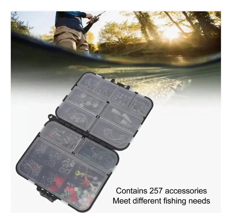 KIT COMPLETO DE 257 ACCESORIOS PARA PESCA CON ANZUELOS Y SEÑUELOS EN CAJA - 1
