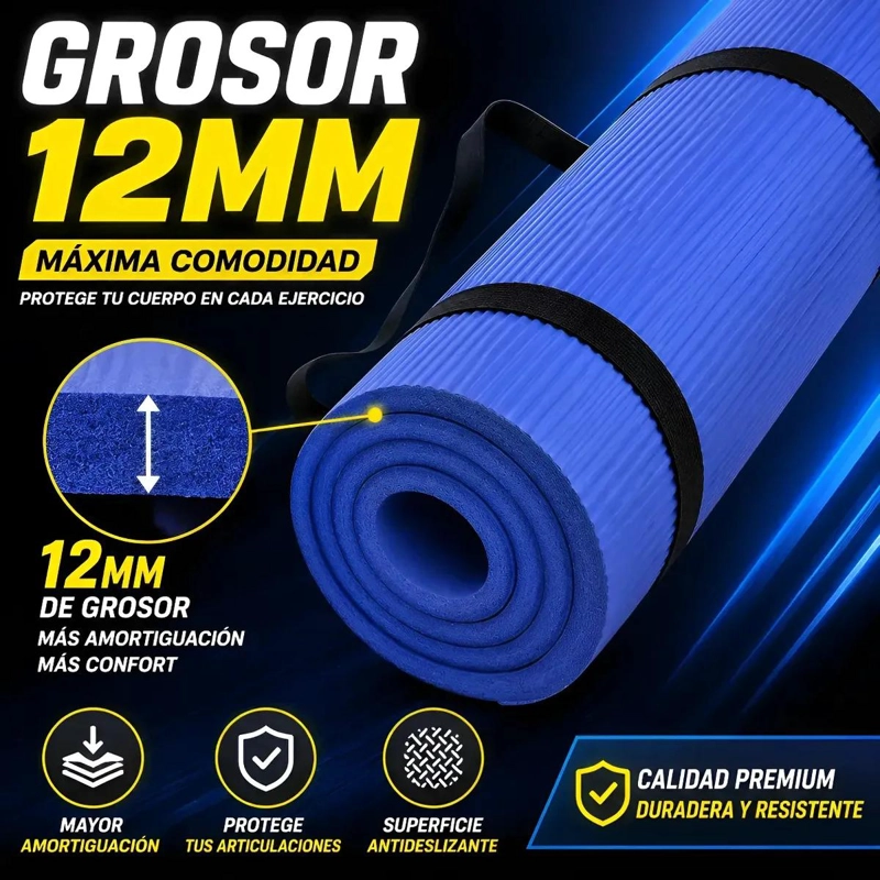 MAT DE YOGA ANTIDESLIZANTE DE GOMA EVA DE 12MM Y 180CM AZUL - 1