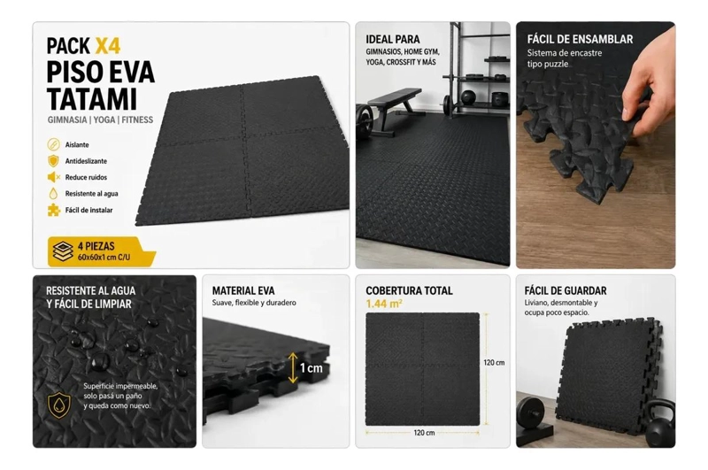 PACK DE 4 PISOS DE EVA NEGRO PARA GIMNASIA YOGA Y FITNESS RESISTENTES AL AGUA - 4