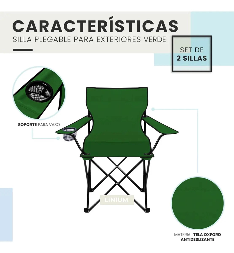 PACK DE 2 SILLAS PLEGABLES VERDES PARA PLAYA Y CAMPING CON ESTRUCTURA RESISTENTE - 1