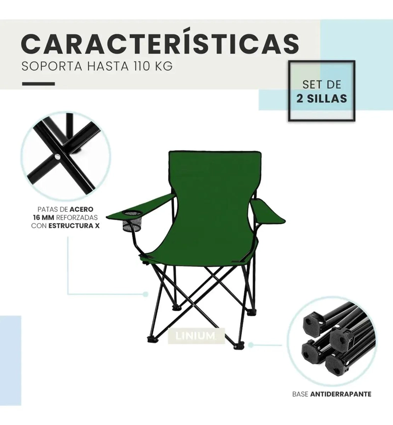 PACK DE 2 SILLAS PLEGABLES VERDES PARA PLAYA Y CAMPING CON ESTRUCTURA RESISTENTE - 2