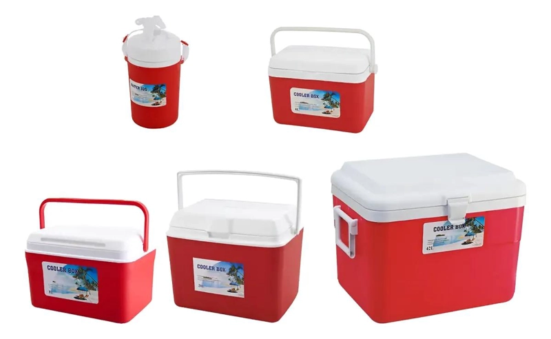 SET DE 5 COOLERS PORTATILES PARA BEBIDAS Y ALIMENTOS EN COLORES AZUL Y ROJO - 1