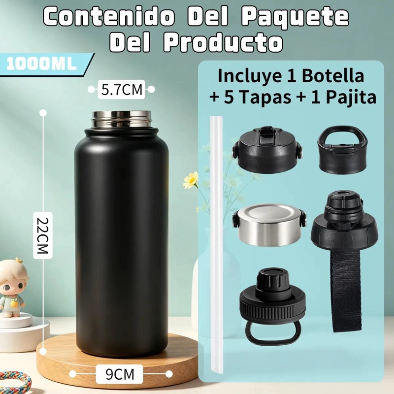 BOTELLA TE RMICA DE ACERO INOXIDABLE 1000ML CON 5 TAPAS INTERCAMBIABLES - 2