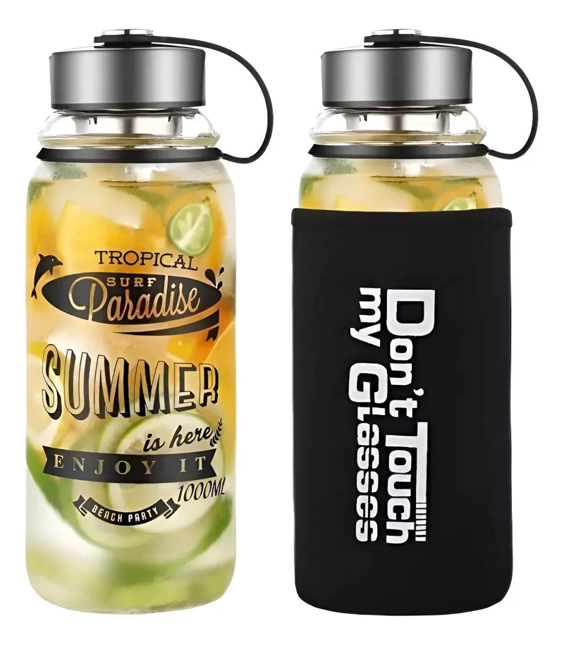 TERMO DE VIDRIO CON TAPA ROSCA Y FILTRO COLADOR 1000 ML PARA BEBIDAS - 1