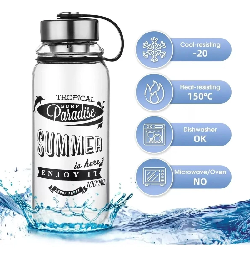 TERMO DE VIDRIO CON TAPA ROSCA Y FILTRO COLADOR 1000 ML PARA BEBIDAS - 2