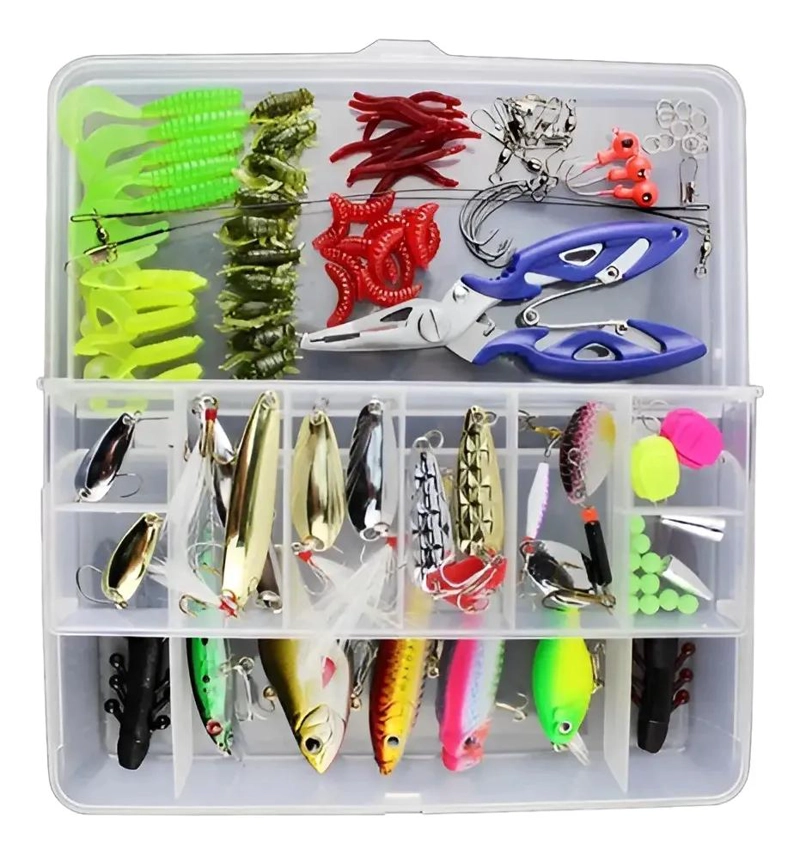 KIT COMPLETO DE PESCA CON CEBOS ARTIFICIALES Y ALICATES RESISTENTES - 1