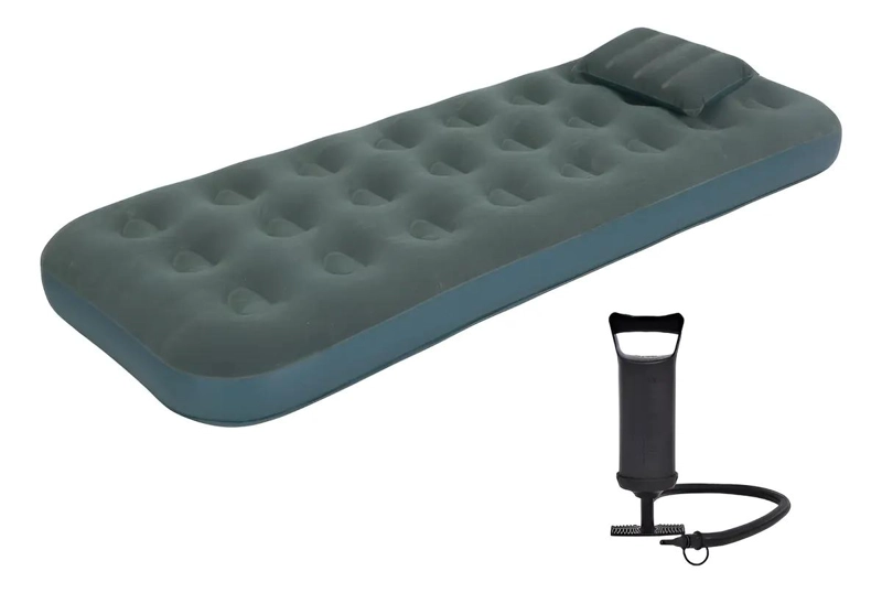 COLCHON INFLABLE INDIVIDUAL CON ALMOHADA Y BOMBA MANUAL INTEGRADA - 1