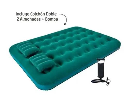 COLCHON DOBLE INFLABLE CON 2 ALMOHADAS Y BOMBA PARA CAMPING - 1
