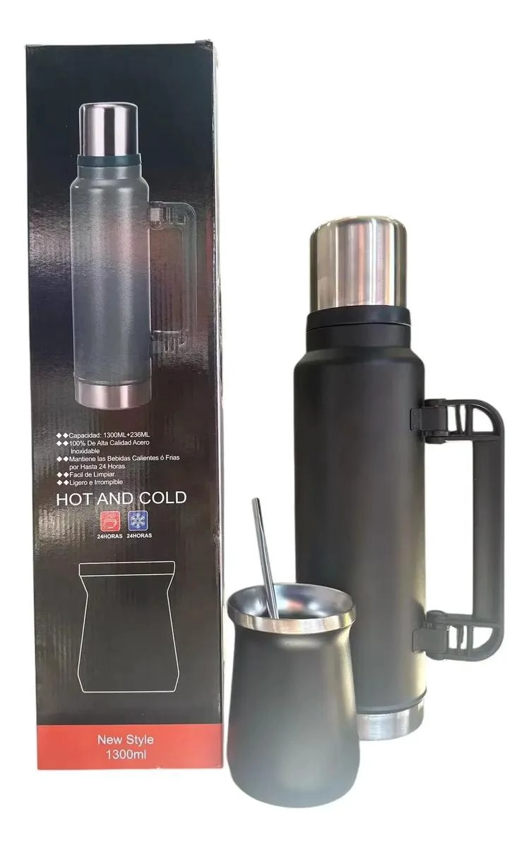 TERMO PARA AGUA FRIO Y CALOR 1.3 LITROS CON MATE Y BOMBILLA - 1