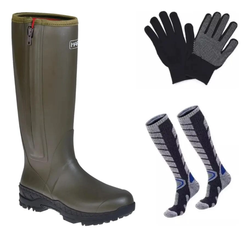 BOTA IMPERMEABLE PARA PESCA Y CAZA CON CALCETA TE RMICA Y GUANTE - 1