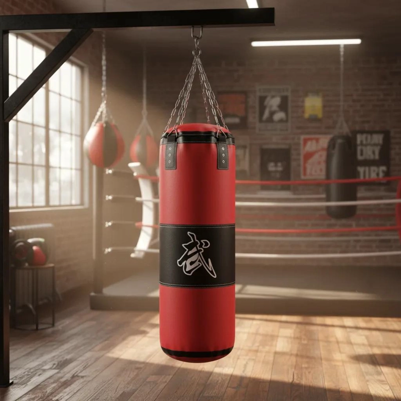 CAJA CON SACO DE BOXEO GRANDE 100 CM Y 40 KG CON CUERO SINTE TICO ROJO - 1