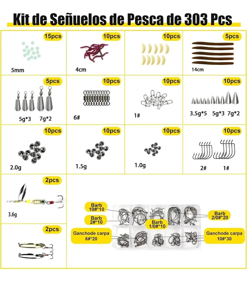 KIT COMPLETO DE SEÑUELOS DE PESCA CON 303 PIEZAS Y CAJA ORGANIZADORA - 5