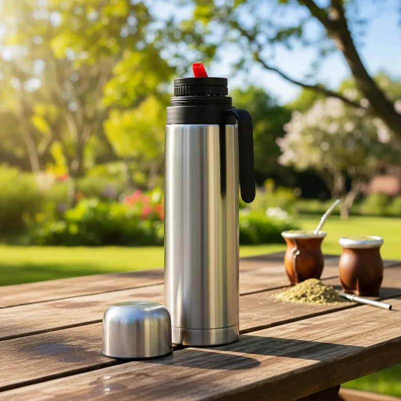 TERMO MATERO CON MEDIA MANIJA DE 1 LITRO Y PICO CEBADOR ACERO INOXIDABLE - 1