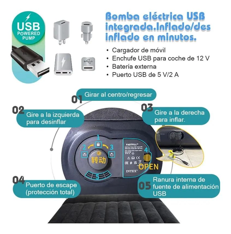 COLCHON INFLABLE ELE CTRICO CON ALMOHADA INCORPORADA Y PUERTO USB 183X203 CM - 2