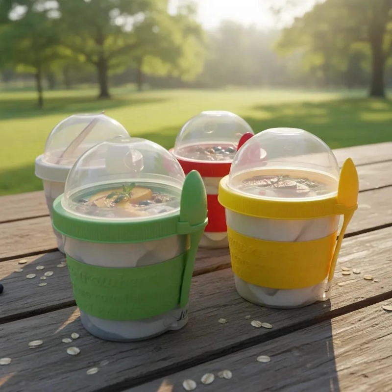 SET DE 2 VASOS CON TAPA Y CUCHARA PARA YOGURT Y POSTRES - 1