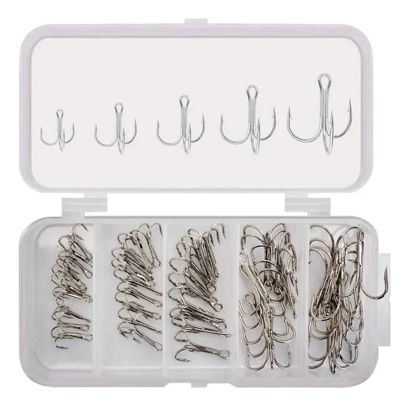KIT COMPLETO DE ANZUELOS TRIPLES PARA PESCA CON 50 UNIDADES Y CAJA ORGANIZADORA - 1