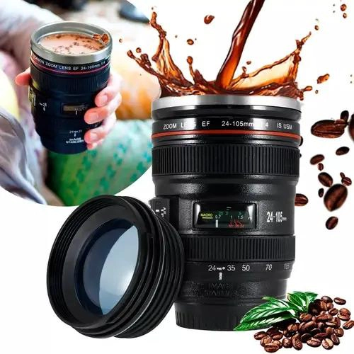 TERMO VASO PARA CAFE  CON DISEÑO DE LENTE FOTOGRAFICO Y TAPA DE ACERO INOXIDABLE - 1