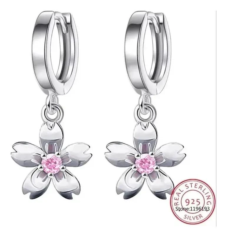 AROS DE PLATA 925 CON DISEÑO DE FLOR ROSADA PARA MUJER - 1